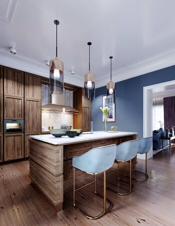 Fashionable designer kitchen with an island with a marble working surface, a kitchen in blue and brown colors, wooden furniture. 3D rendering.の写真素材