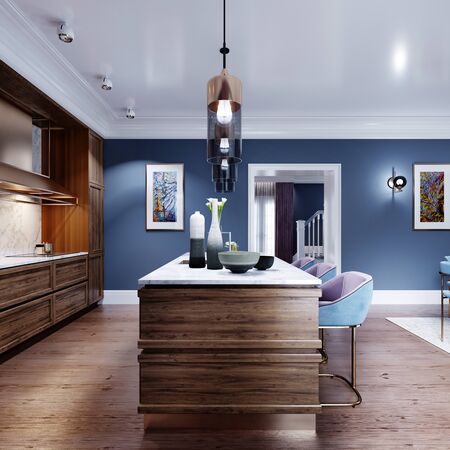 Fashionable designer kitchen with an island with a marble working surface, a kitchen in blue and brown colors, wooden furniture. 3D rendering.の写真素材