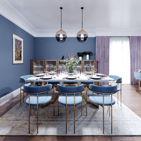 Large dining and dining room table, with a kitchen in a fashionable modern design, wooden furniture, interior in brown and blue. 3D rendering.の写真素材