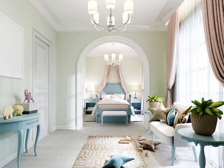 Childrens room with a bedroom and a play area, a classic bed in turquoise color, a sofa and shelving with toys, the walls are olive color. 3D rendering.の写真素材