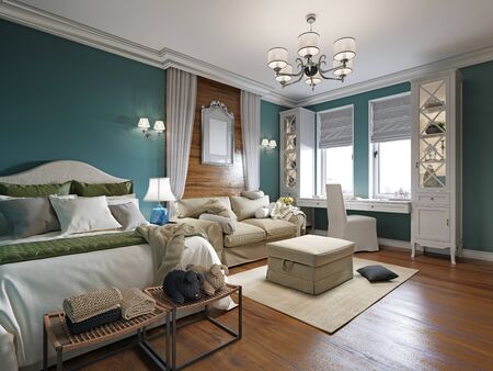 Bedroom with a sofa bed and a table by the window, Provence-style interior with white furniture and blue walls. 3D renderingの写真素材