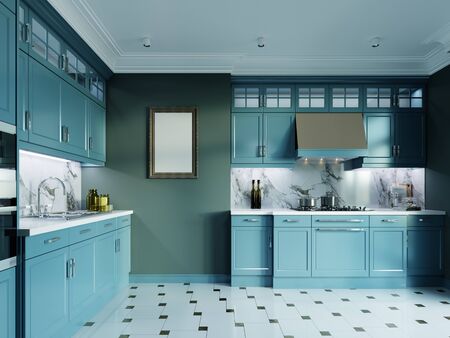 Modern kitchen furniture, dark turquoise color. Provence kitchen interior in fashionable design, faded coral, green color. 3D rendering.