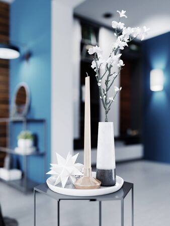 Side table, shelving with shelves in a new design and interior decor. 3D rendering.の写真素材