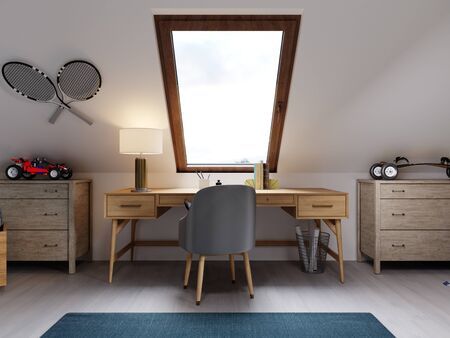 Children's wooden desk in the attic children's room. 3D rendering.の写真素材