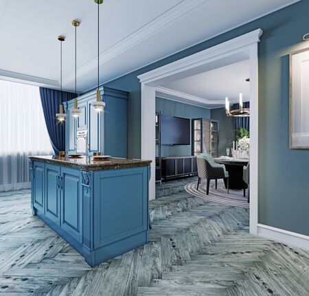 Fashionable kitchen with blue walls and blue furniture, a kitchen in a modern classic style. 3D rendering.の写真素材