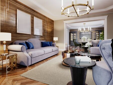 Fashionable designer living room interior in warm colors. Artdeco upholstered furniture, coffee table, side table with lamp, metal floor lamp, sideboard with decor and TV unit. 3D rendering.の写真素材
