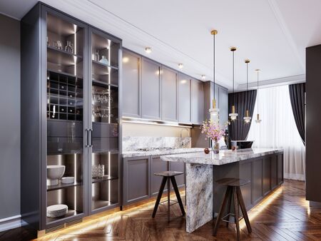 Fashionable modern kitchen with gray contemporary furniture, a kitchen island with a bar counter and two chairs, beige walls and parquet floor. 3D rendering.の写真素材
