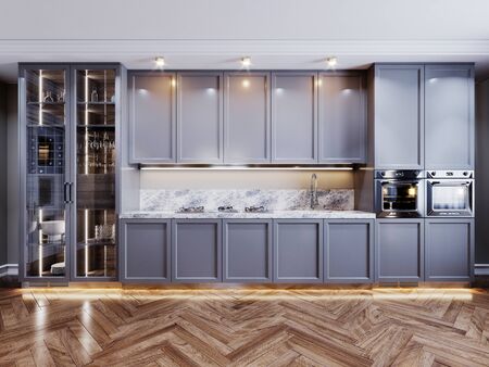 Front view of fashionable kitchen furniture with built-in appliances and sideboard with utensils. Brown expensive parquet. 3D rendering.の写真素材