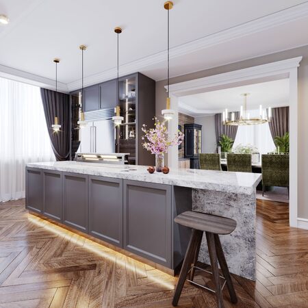 A modern kitchen island made of wooden panels with a chamfer of gray color, with a white marble countertop and two bar stools. Built-in sideboard metal refrigerator, dishes on the shelves. 3D rendering.の写真素材