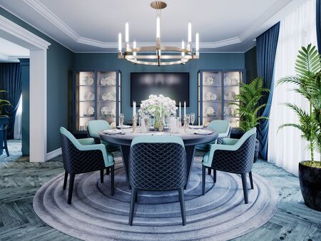 Modern luxurious dining room in blue, white and black color with a large round served table and chairs. 3D rendering.の写真素材