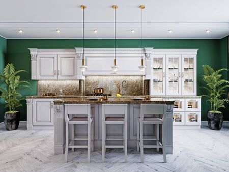 A classic kitchen with white furniture and green walls and a white floor with a ceiling, a kitchen island and a bar counter with three chairs. 3D rendering.の写真素材