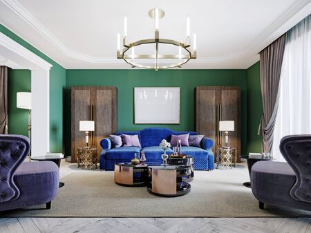Living room in art deco style with green walls and purple upholstered furniture and cabinets with a TV unit. 3D rendering.の写真素材