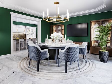 Luxurious dining room in a large house, with a round table for six people. Leather chairs, marble countertops, TV unit, sideboard, green walls. 3D rendering.の写真素材
