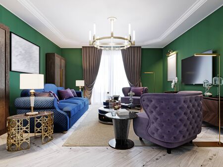 Living room in art deco style with green walls and purple upholstered furniture and cabinets with a TV unit. 3D rendering.の写真素材