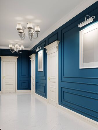 Classic-style corridor with blue walls and white doors and wood-paneled walls. The paintings on the walls. 3D rendering.の写真素材