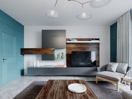 Contemporary living room studio, aquamarine walls with wooden panels and a round mirror, a white corner sofa and a black cabinet with TV. 3D rendering.の写真素材