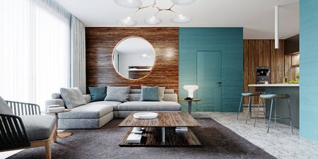 Contemporary living room studio, aquamarine walls with wooden panels and a round mirror, a white corner sofa and a black cabinet with TV. 3D rendering.の写真素材