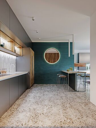 Contemporary kitchen, brushed metal gray and wood with vertical fiber furniture facade, built-in appliances and refrigerator. Floor tiles terrazzo. 3D rendering.の写真素材