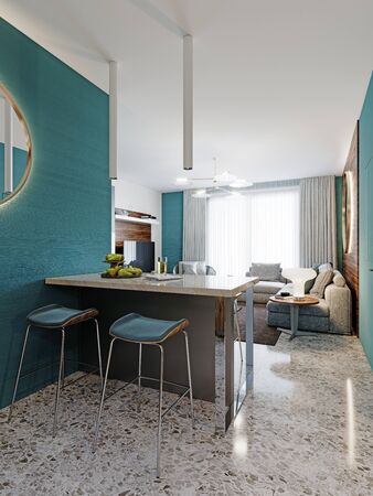 Bar counter with two chairs between the living room and the kitchen in contemporary style, beige marble countertop and green bar stools. 3D rendering.の写真素材