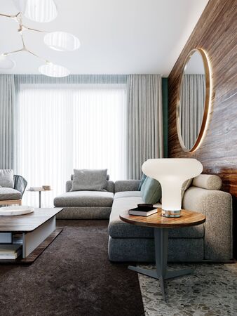 Corner gray sofa against a wooden wall with horizontal stripes and a round mirror with a night table with a lamp in the living room. 3D rendering.の写真素材