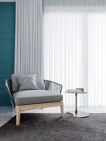 Front view of a designer chair with a small table by the curtained window. 3D rendering.の写真素材