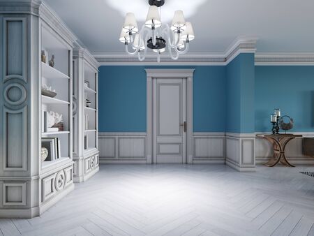 Design of a white-blue hallway with a sofa and two shelves with interior decor. 3D rendering.の写真素材