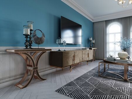 TV unit, TV set in a modern living room in a classic style with blue walls, black TV cabinet, console table with interior decor. 3D rendering.の写真素材