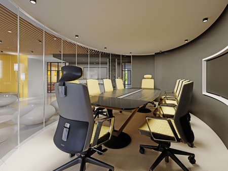 Meeting room with a large table and yellow armchairs behind a glass wall.の写真素材