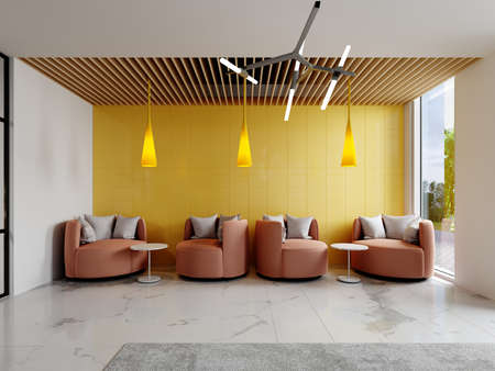 Rest area in an office building with orange walls and a yellow wall in the background. 3D render.の写真素材