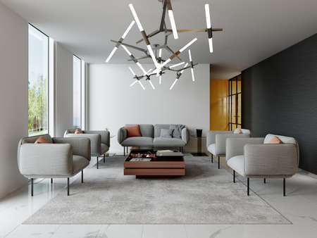 lounge area in the interior of a modern hotel. 3D render.の写真素材