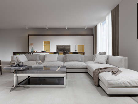 Open concept of a living room with kitchen and white furniture in a contemporary style. 3d rendering.の写真素材