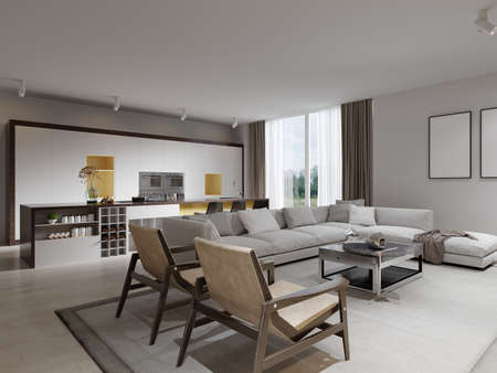 Open concept of a living room with kitchen and white furniture in a contemporary style. 3d rendering.の写真素材