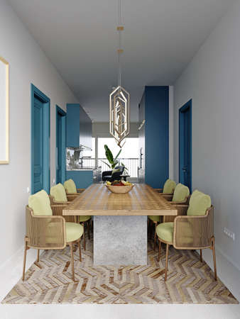 The dining area features wicker chairs and a wooden table in a trendy contemporary style with white walls and blue doors. 3d rendering.の写真素材