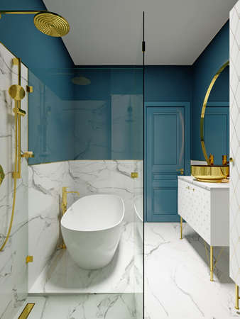 Modern bathroom with blue walls and white marble with a large round mirror in gold trim white furniture and a bowl-shaped bathtub. 3d rendering.の写真素材