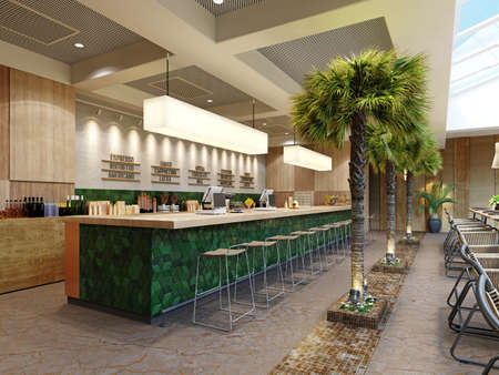 Green tiled bar counter with bar stools in a modern restaurant with palm trees.の写真素材