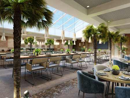 Luxurious restaurant with palm trees inside with a large glass atrium with wooden walls and fashionable furniture. 3d rendering.の写真素材