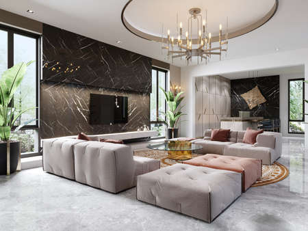 Luxurious design of the living room with a multi-colored sofa and a TV unit on a black marble...