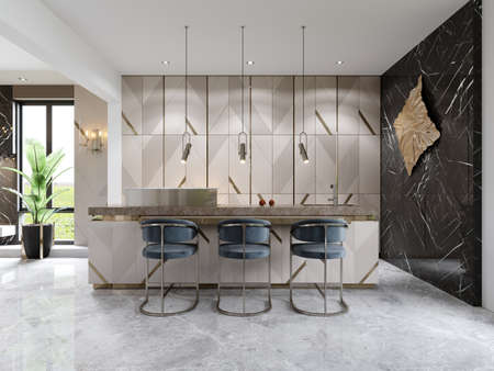 A chic modern kitchen with a designer beige front with gold accents and a trendy kitchen island with three chairs. 3d rendering.の写真素材