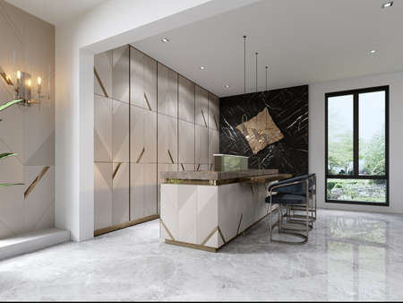 A chic modern kitchen with a designer beige front with gold accents and a trendy kitchen island with three chairs. 3d rendering.の写真素材