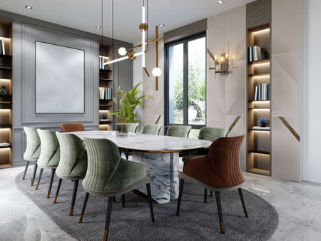 Luxurious dining room with a large marble table and ten different colored chairs with shelves for decor and a beige and green wall with a painting. 3d rendering.の写真素材