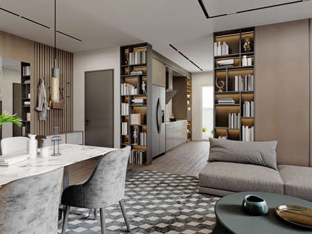 Living room studio with kitchen area and kitchen furniture in brown and beige color with shelves with books. 3d rendering.の写真素材