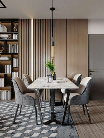 Modern dining table with white marble top with gray chairs and wood planks on the wall. 3d rendering.の写真素材