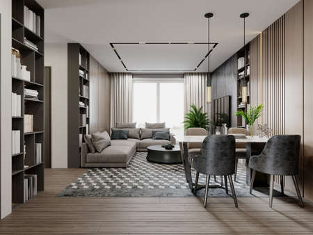 Modern studio living room with dining table and corner sofa in brown and beige colors with black marble wall with wood planks with bookcases. 3d rendering.の写真素材