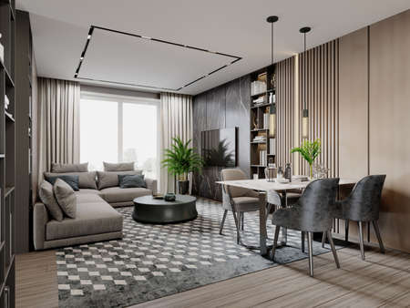Modern studio living room with dining table and corner sofa in brown and beige colors with black marble wall with wood planks with bookcases. 3d rendering.の写真素材