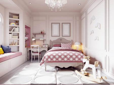 Children's room in a classic style in beige and pink with a desk and toys. 3d rendering.の写真素材