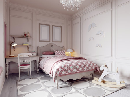 Children's room in a classic style in beige and pink with a desk and toys. 3d rendering.の写真素材