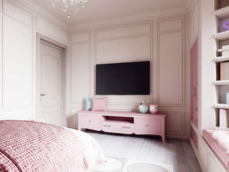 TV on the wall and pink TV stand with decorative pillows and vases in the children's room. 3d rendering.の写真素材