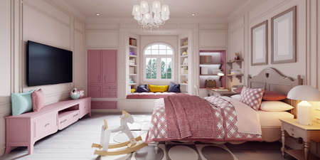 Children's room in a classic style in beige and pink with a desk and toys and shelves near the window. 3d rendering.の写真素材