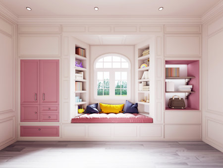 Design of the decoration of the area around the window in the nursery with shelves for books and toys with a cabinet with pink doors. 3d rendering.の写真素材