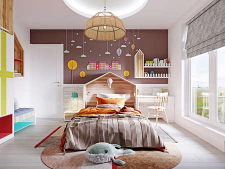 Modern nursery with white and brown wall and bed with orange blanket and headboard house and writing desk with shelves and multi-colored wardrobe. 3d rendering.の写真素材